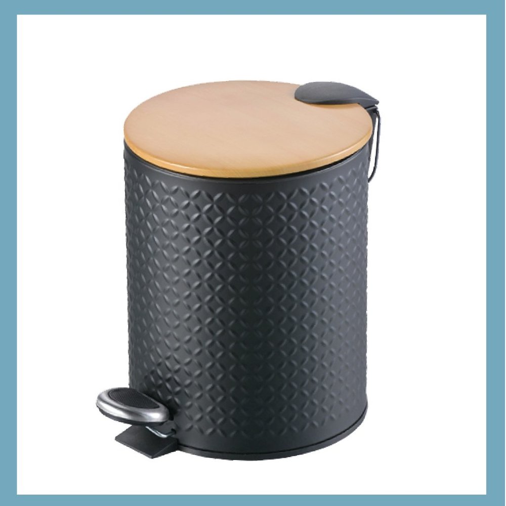 Textured Black Stainless Steel Trash Can With Wooden Lid (5 Liters/ 1.3 Gallon)